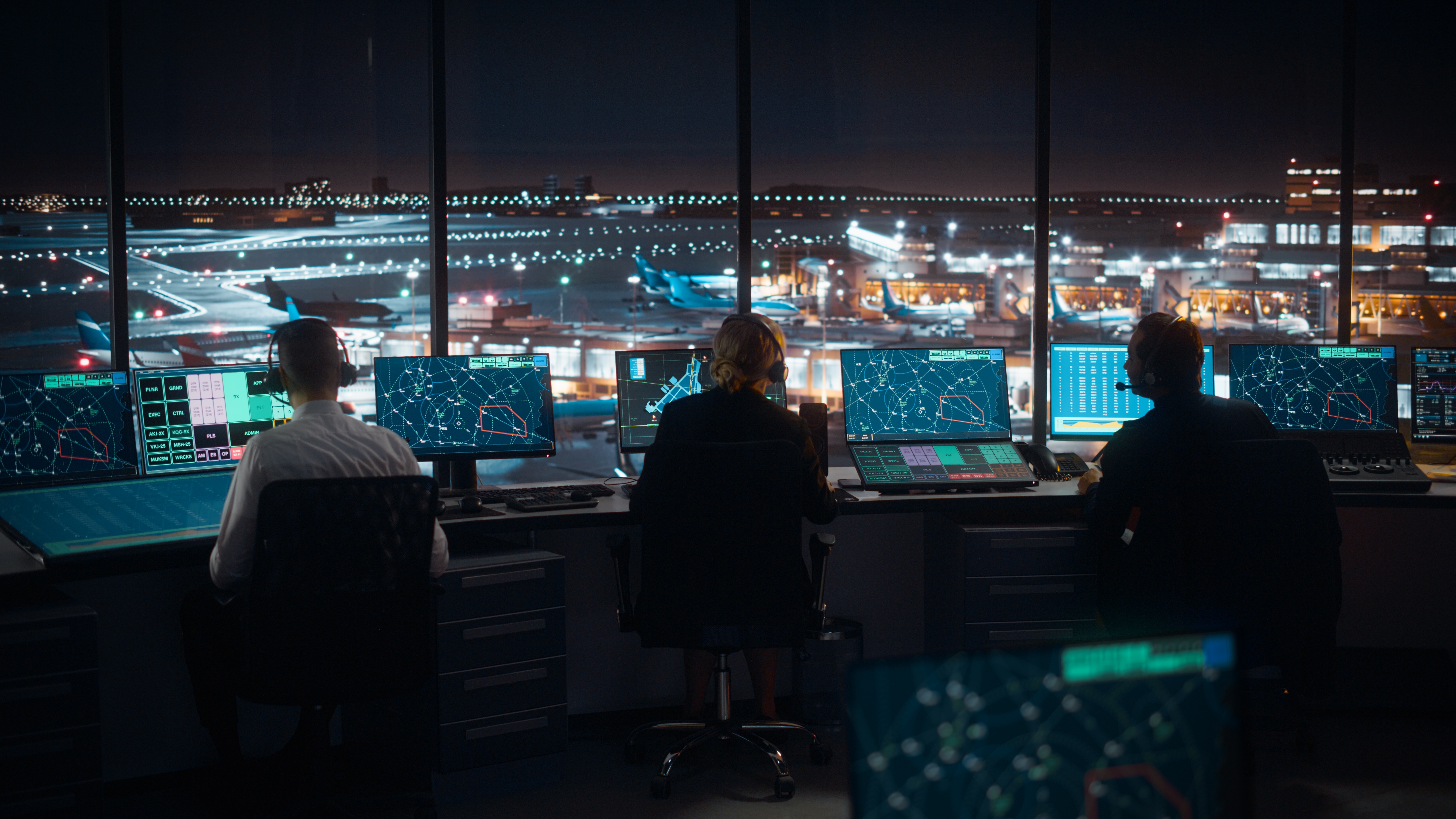 Air traffic control operators monitoring flight data and routes
